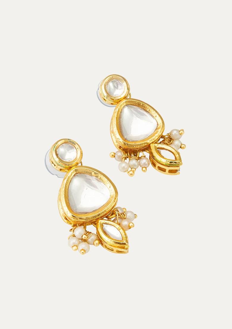 Gold Plated Kundan Studded And Pearl Beaded Contemporary Drop Earrings