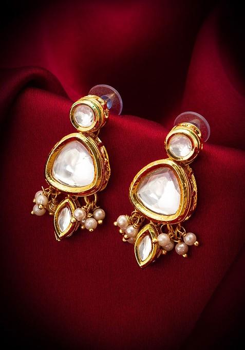 Gold Plated Kundan Studded And Pearl Beaded Contemporary Drop Earrings