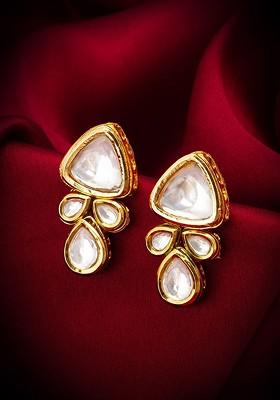 Gold Plated Kundan Studded Contemporary Drop Earrings