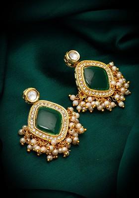 Gold Plated Kundan Studded And Beaded Contemporary Drop Earrings
