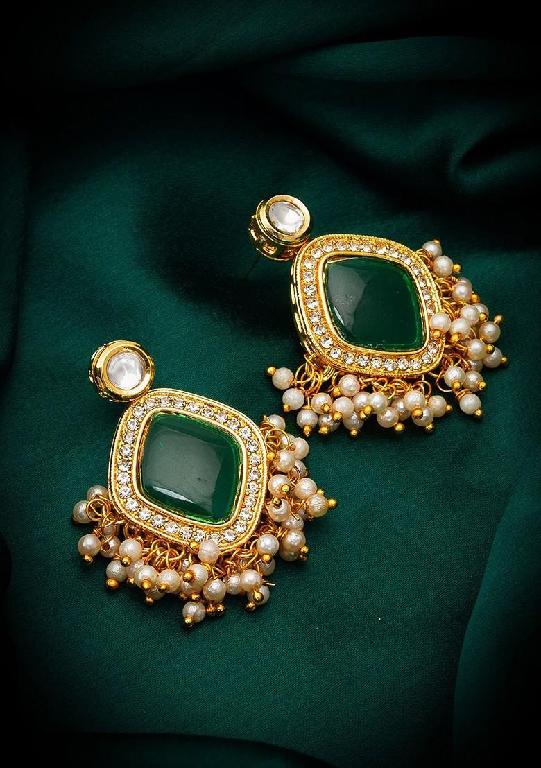 Gold Plated Kundan Studded And Beaded Contemporary Drop Earrings
