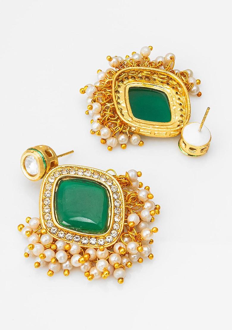Gold Plated Kundan Studded And Beaded Contemporary Drop Earrings