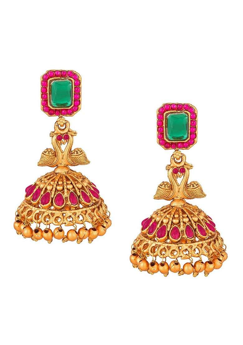 Green Gold Plated Dome Shaped Jhumkas Earrings - Indya