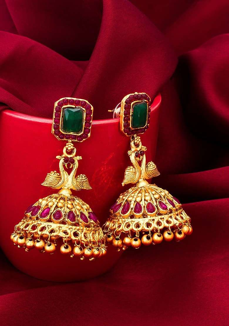 Green Gold Plated Dome Shaped Jhumkas Earrings - Indya