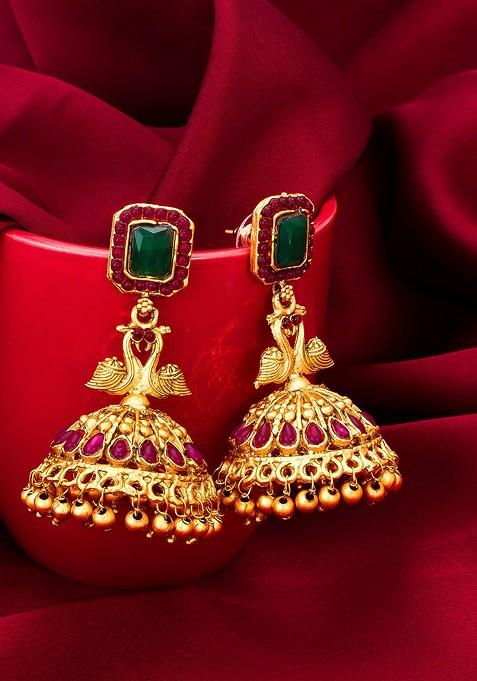 Green Gold Plated Dome Shaped Jhumkas Earrings