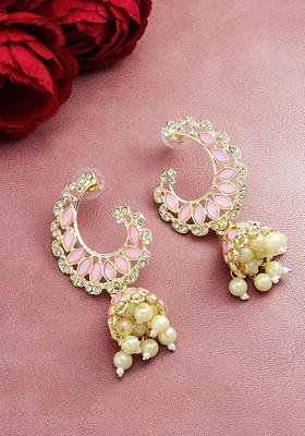 Gold Toned And Pink Crescent Shaped Jhumkas Earrings