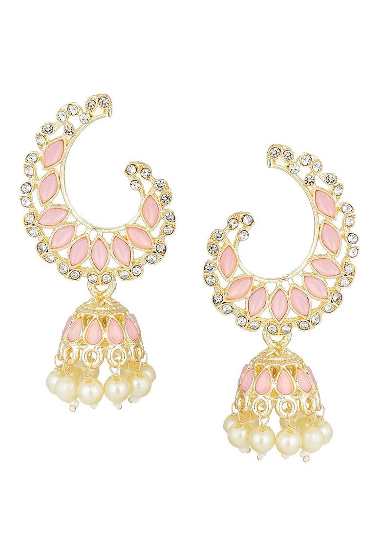 Gold Toned And Pink Crescent Shaped Jhumkas Earrings