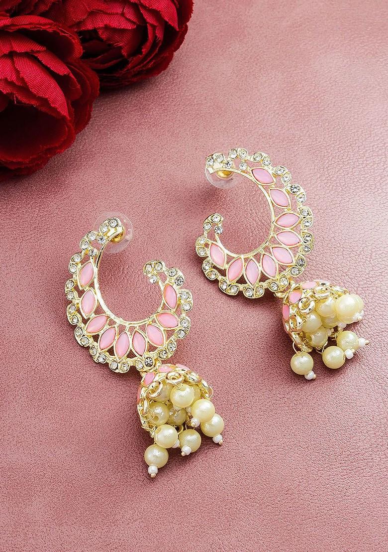 Gold Toned And Pink Crescent Shaped Jhumkas Earrings