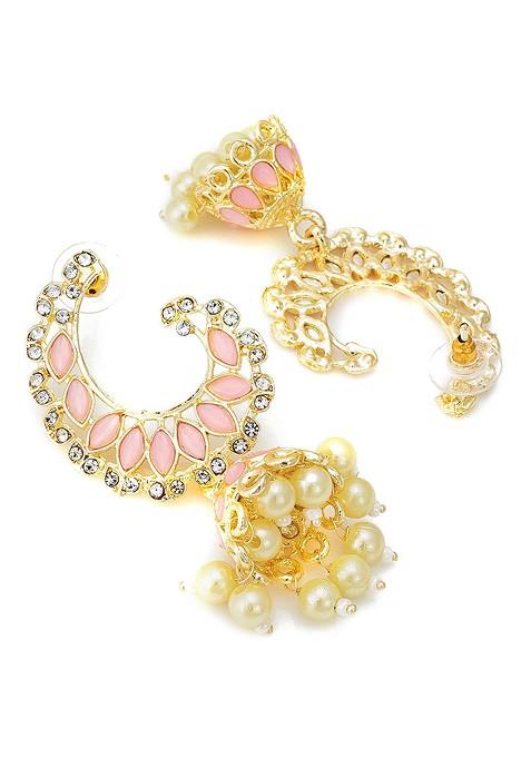 Gold Toned And Pink Crescent Shaped Jhumkas Earrings