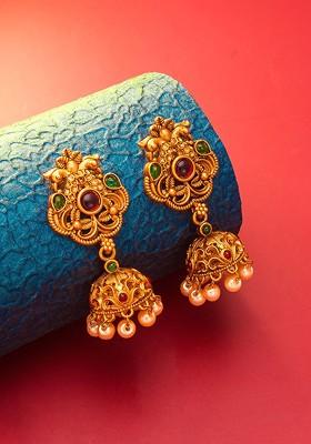 Gold Plated Gold Toned And Red Dome Shaped Jhumkas Earrings