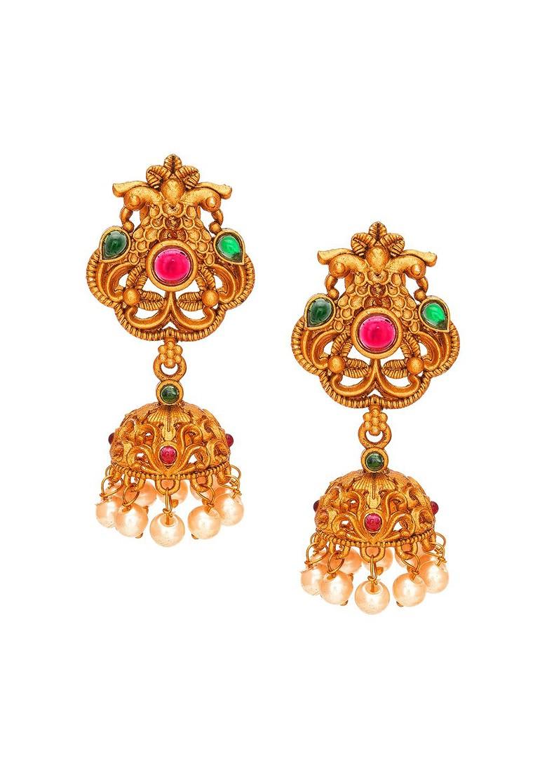 Gold Plated Gold Toned And Red Dome Shaped Jhumkas Earrings