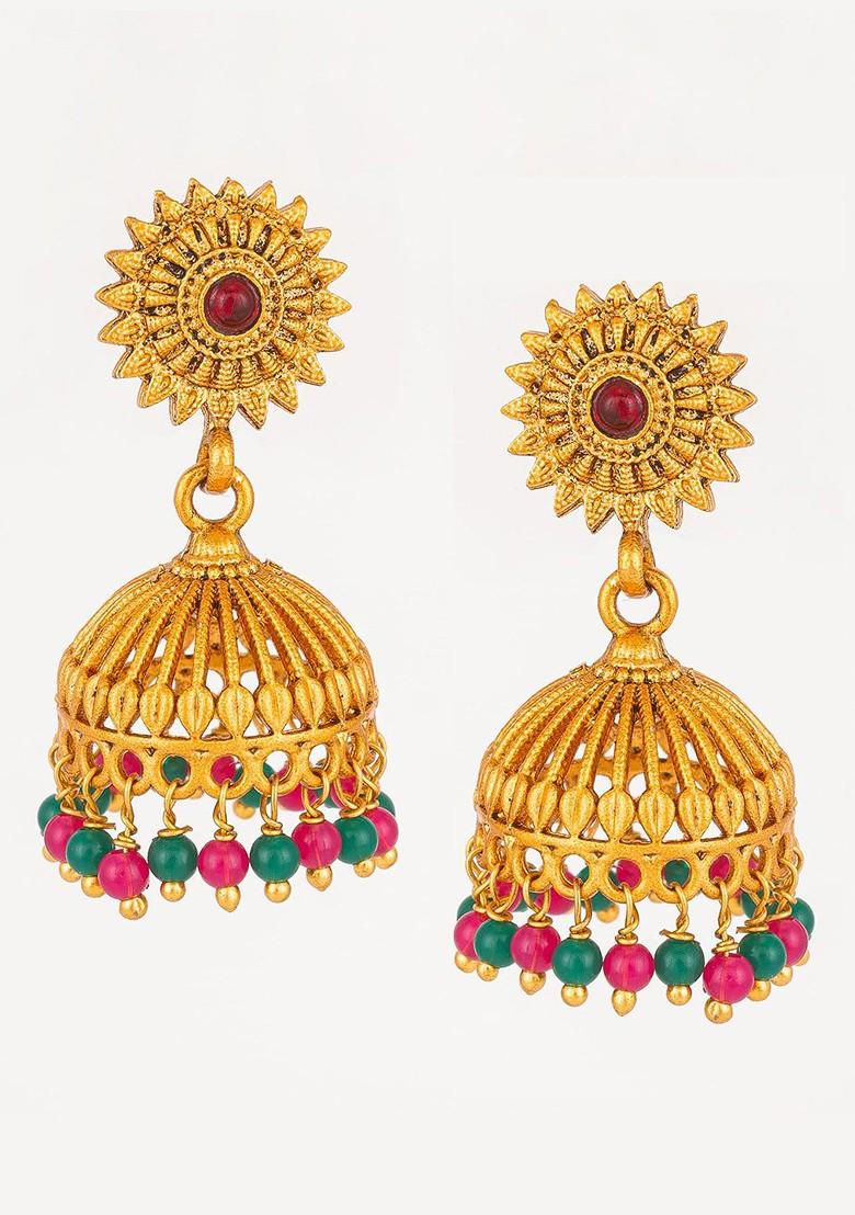 Gold Plated Stone Studded And Beaded Dome Shaped Jhumkas