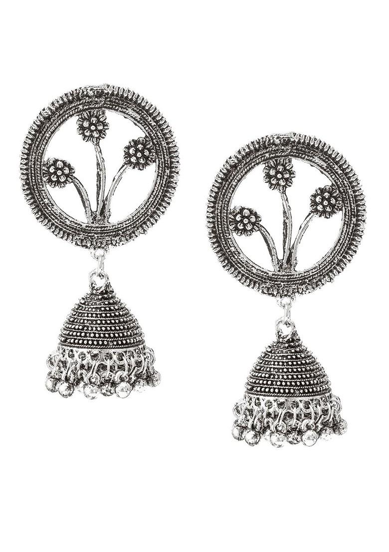 Silver Silver Toned Oxidised Contemporary Jhumkas