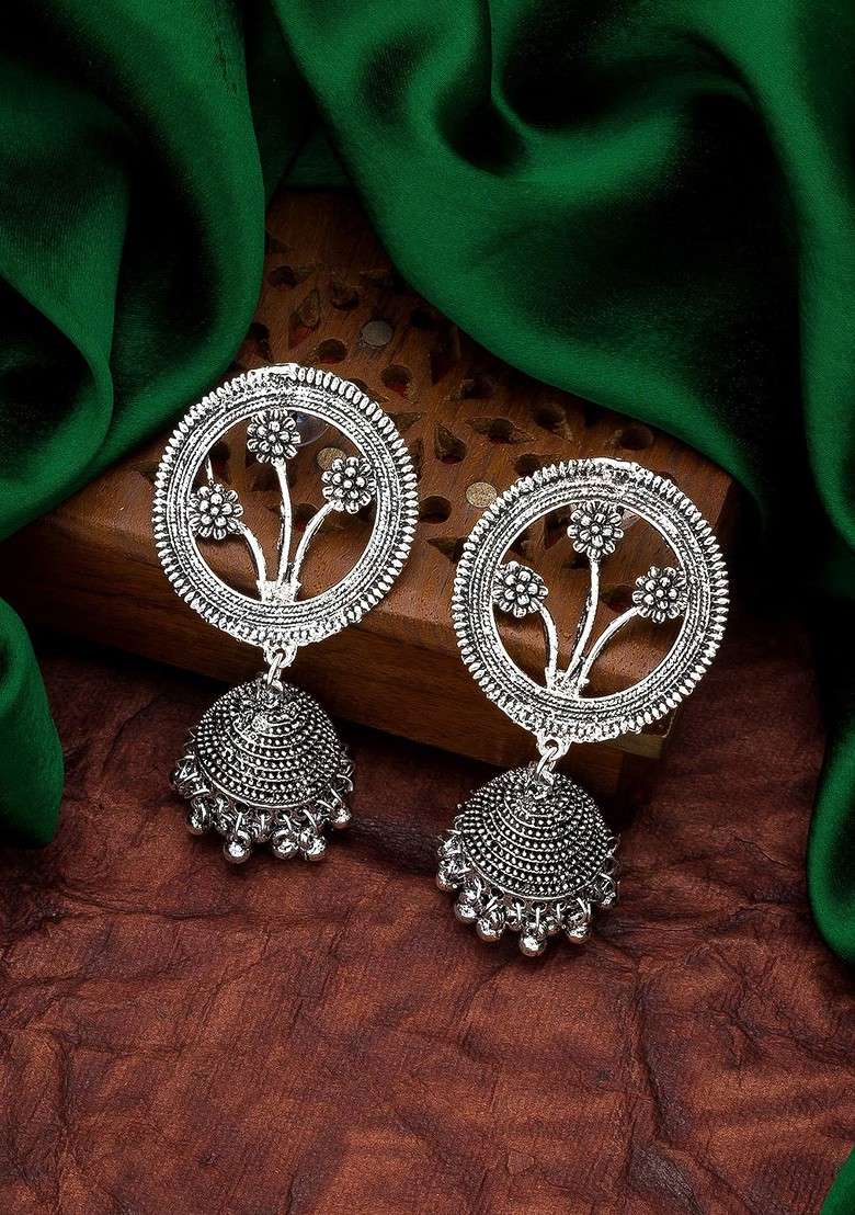 Silver Silver Toned Oxidised Contemporary Jhumkas - Indya