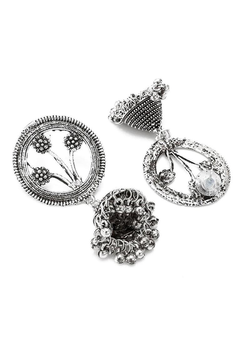 Silver Silver Toned Oxidised Contemporary Jhumkas