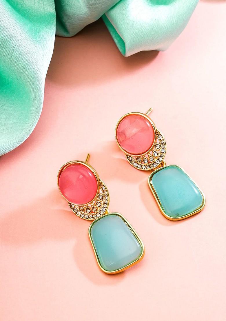 Gold Plated Geometric Stone Studded Drop Earrings