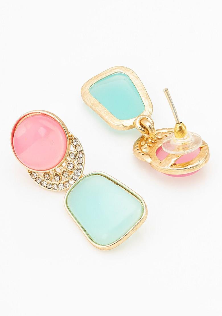 Gold Plated Geometric Stone Studded Drop Earrings