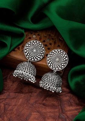 Silver Oxidised Silver Toned Stone Studded Classic Jhumkas