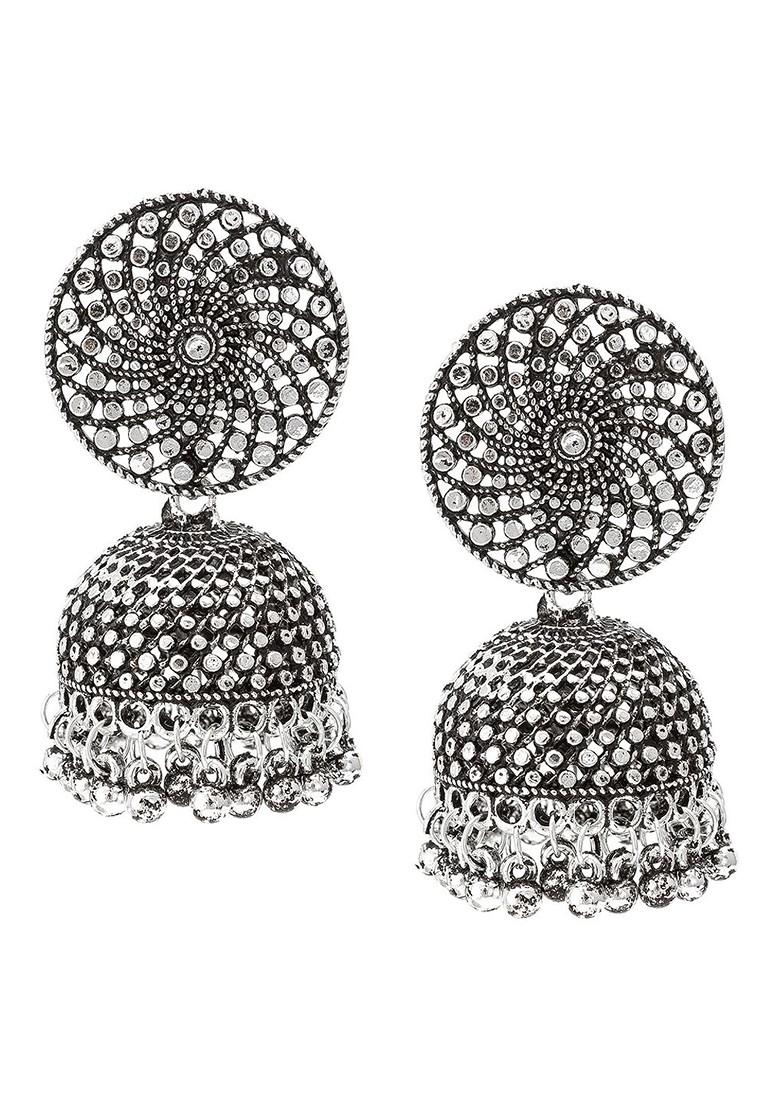 Silver Oxidised Silver Toned Stone Studded Classic Jhumkas