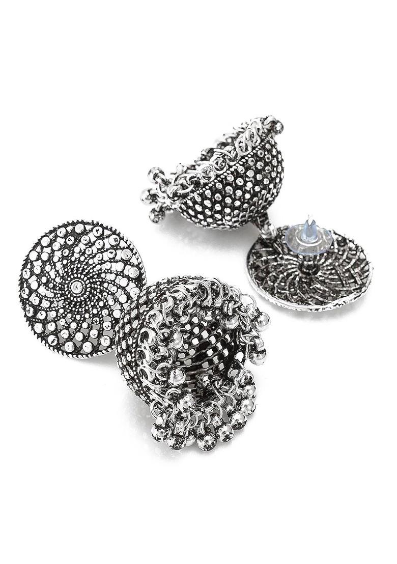 Silver Oxidised Silver Toned Stone Studded Classic Jhumkas