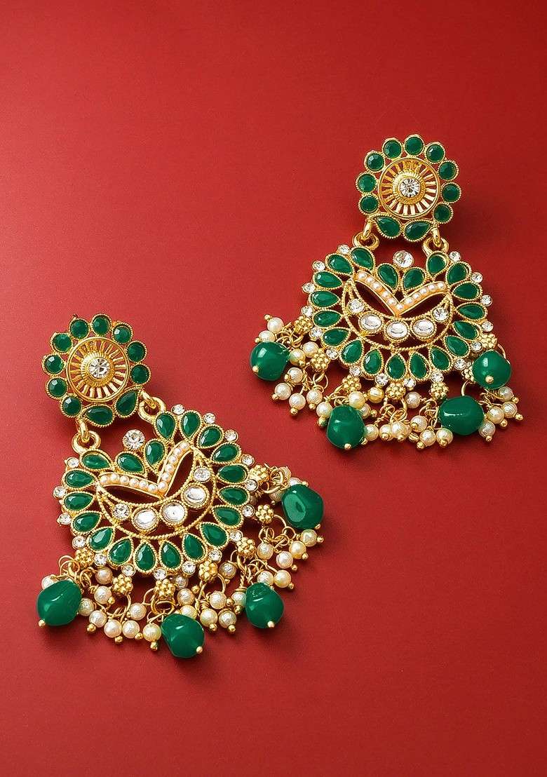 Gold Toned And Greenkundan Studded Contemporary Chandbalis Earrings - Indya