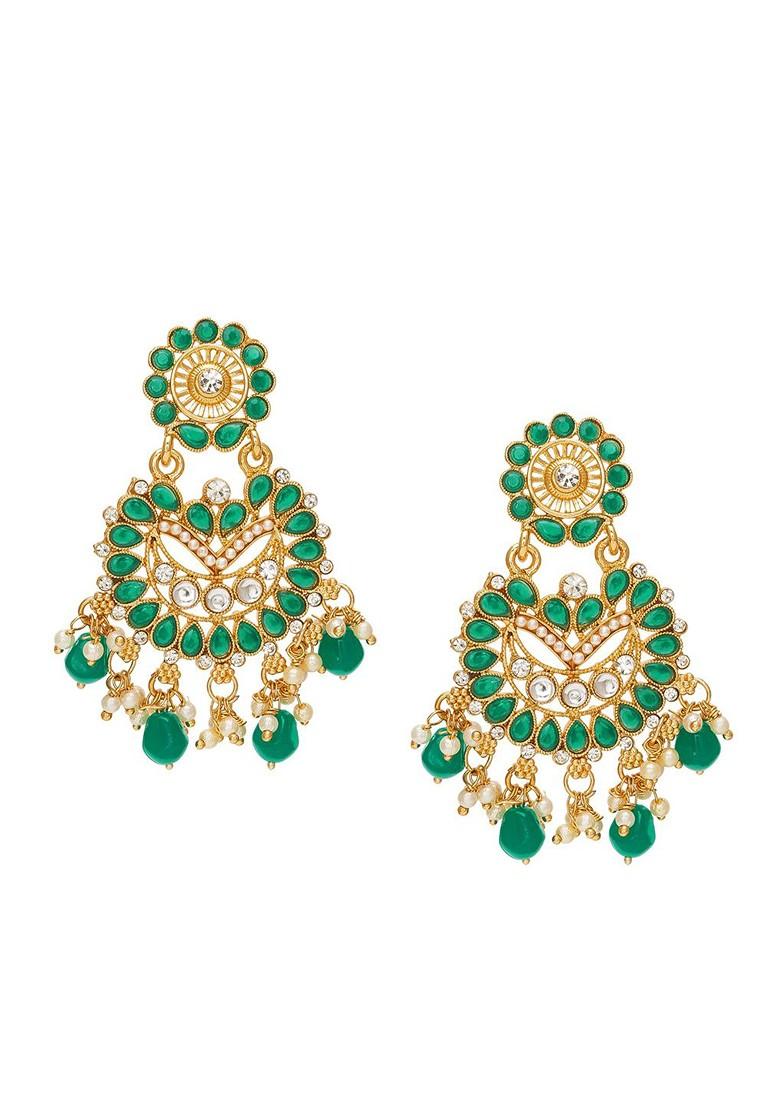 Gold Toned And Greenkundan Studded Contemporary Chandbalis Earrings