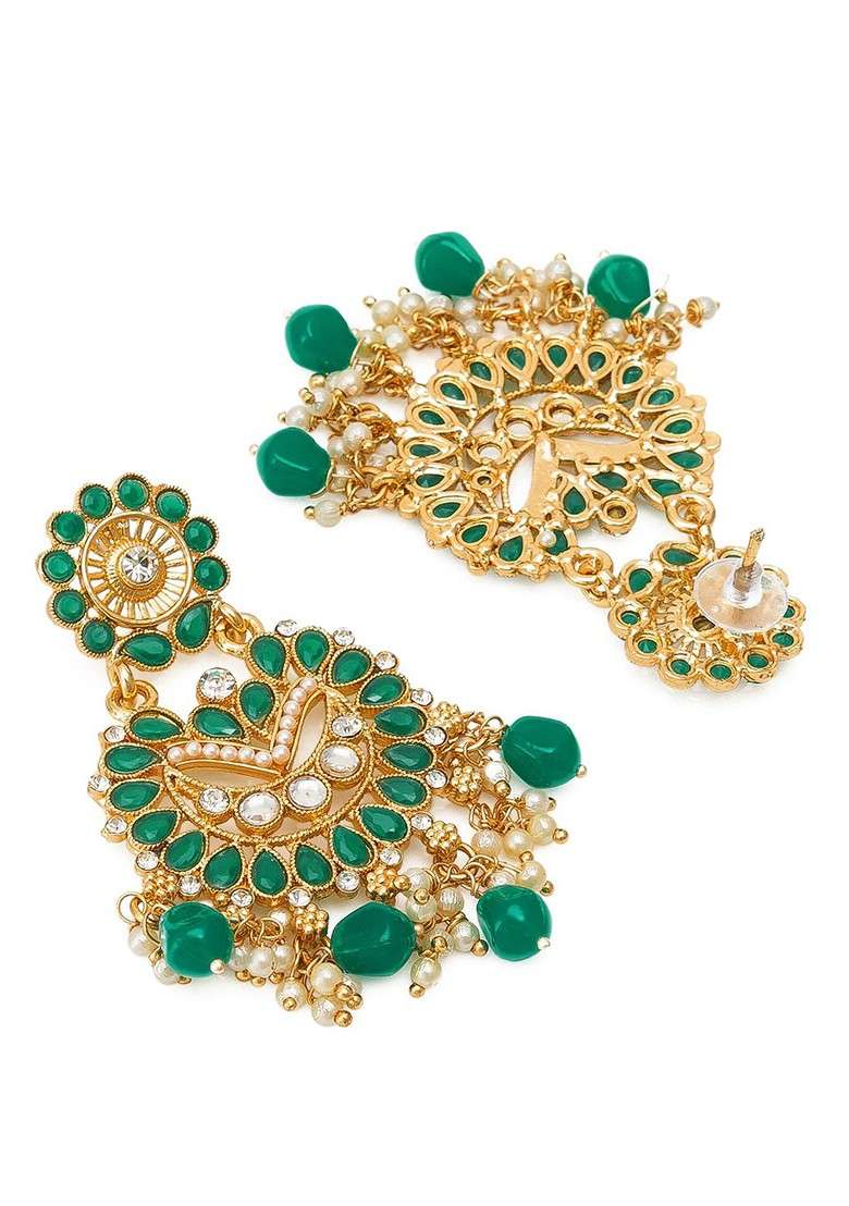 Gold Toned And Greenkundan Studded Contemporary Chandbalis Earrings - Indya