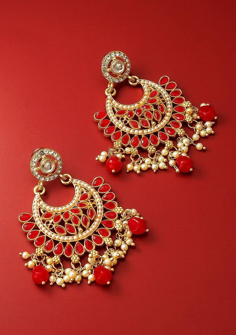 Women Gold Toned Red Stone Studded And Pearl Beaded Chandbali Drop Earrings