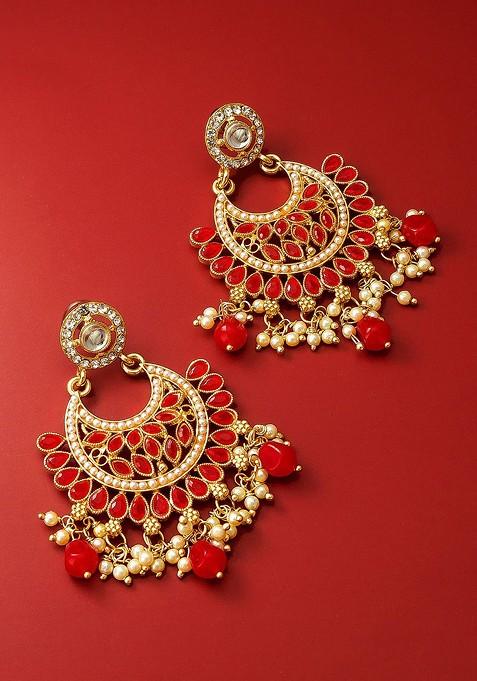 Women Gold Toned Red Stone Studded And Pearl Beaded Chandbali Drop Earrings