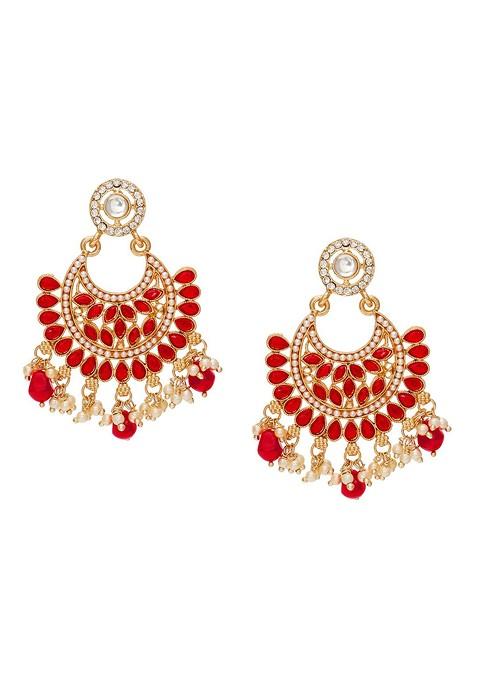 Women Gold Toned Red Stone Studded And Pearl Beaded Chandbali Drop Earrings