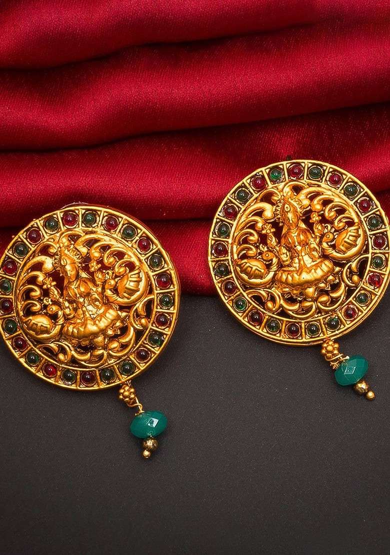 Women Gold Toned And Red Circular Goddess Lakshami Designed Temple Drop Earrings - Indya