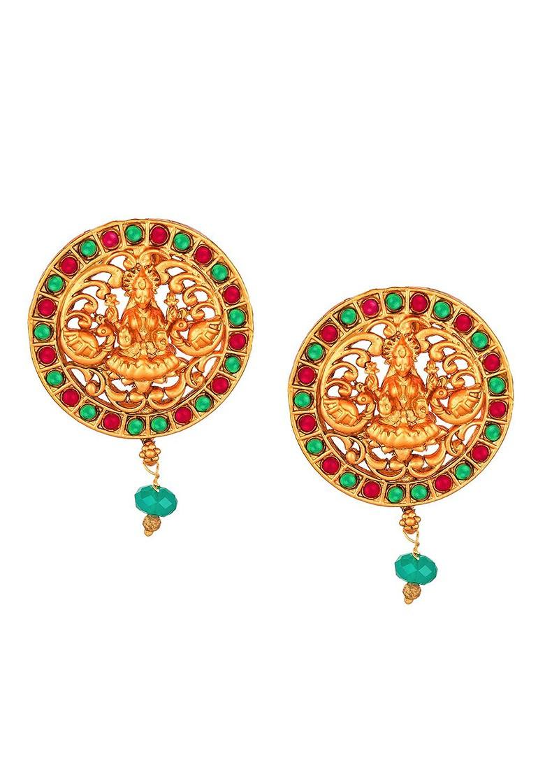 Women Gold Toned And Red Circular Goddess Lakshami Designed Temple Drop Earrings