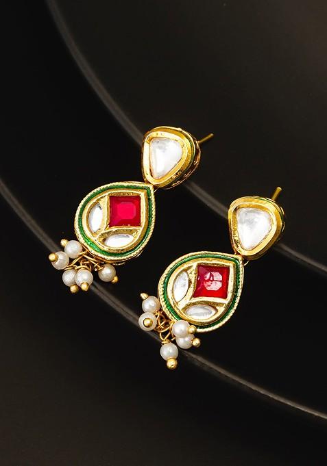 Gold Plated Kundan And Ad Studded Classic Drop Earrings