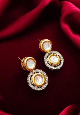 Gold Plated Geometric Kundan And American Diamond Drop Earrings