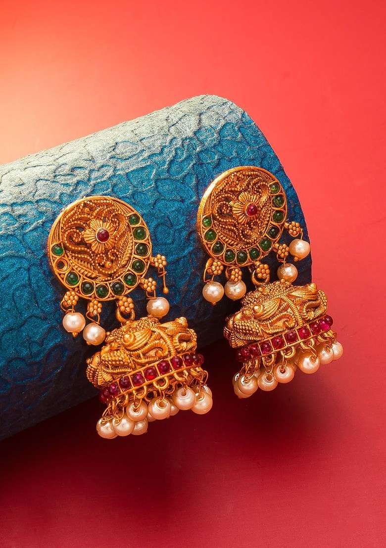 Gold Toned Contemporary Jhumkas Earrings - Indya