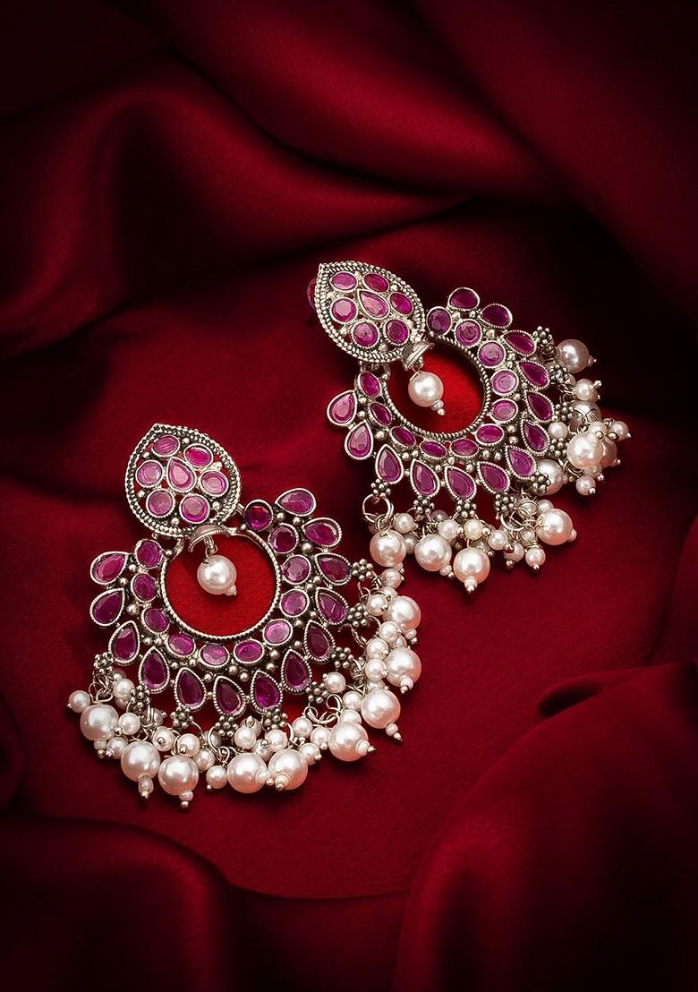 Silver Gold Plated Stone Studded And Beaded Silver Contemporary Chandbalis