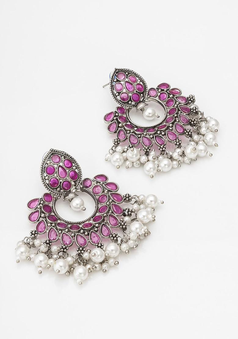 Silver Gold Plated Stone Studded And Beaded Silver Contemporary Chandbalis