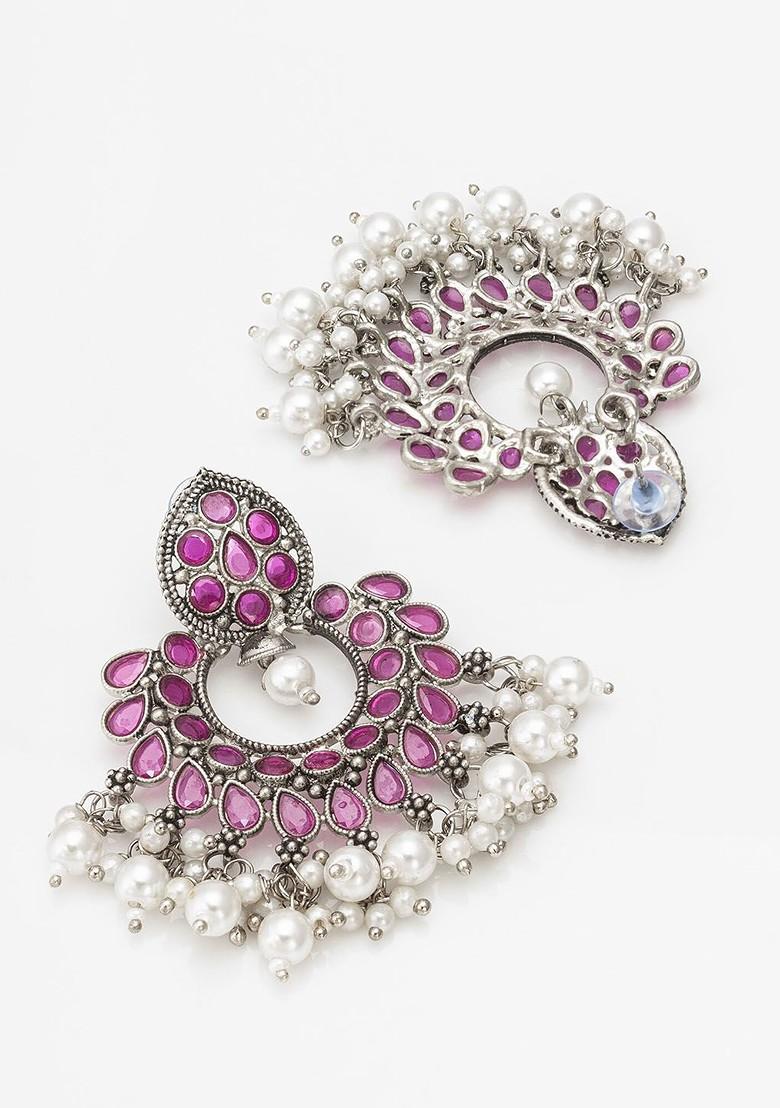 Silver Gold Plated Stone Studded And Beaded Silver Contemporary Chandbalis