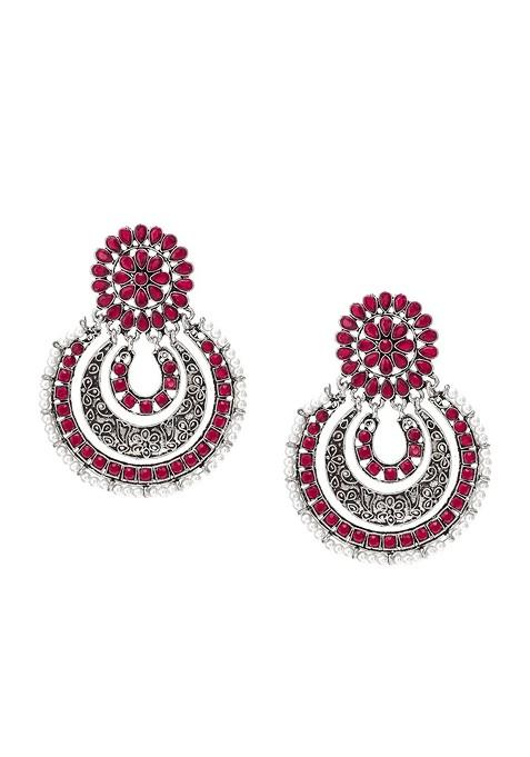 Silver Silver Toned Geometric Chandbalis Earrings