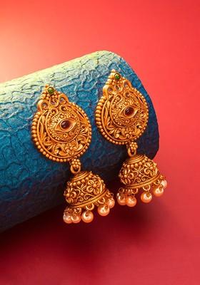 Gold Plated Red Dome Shaped Jhumkas Earrings