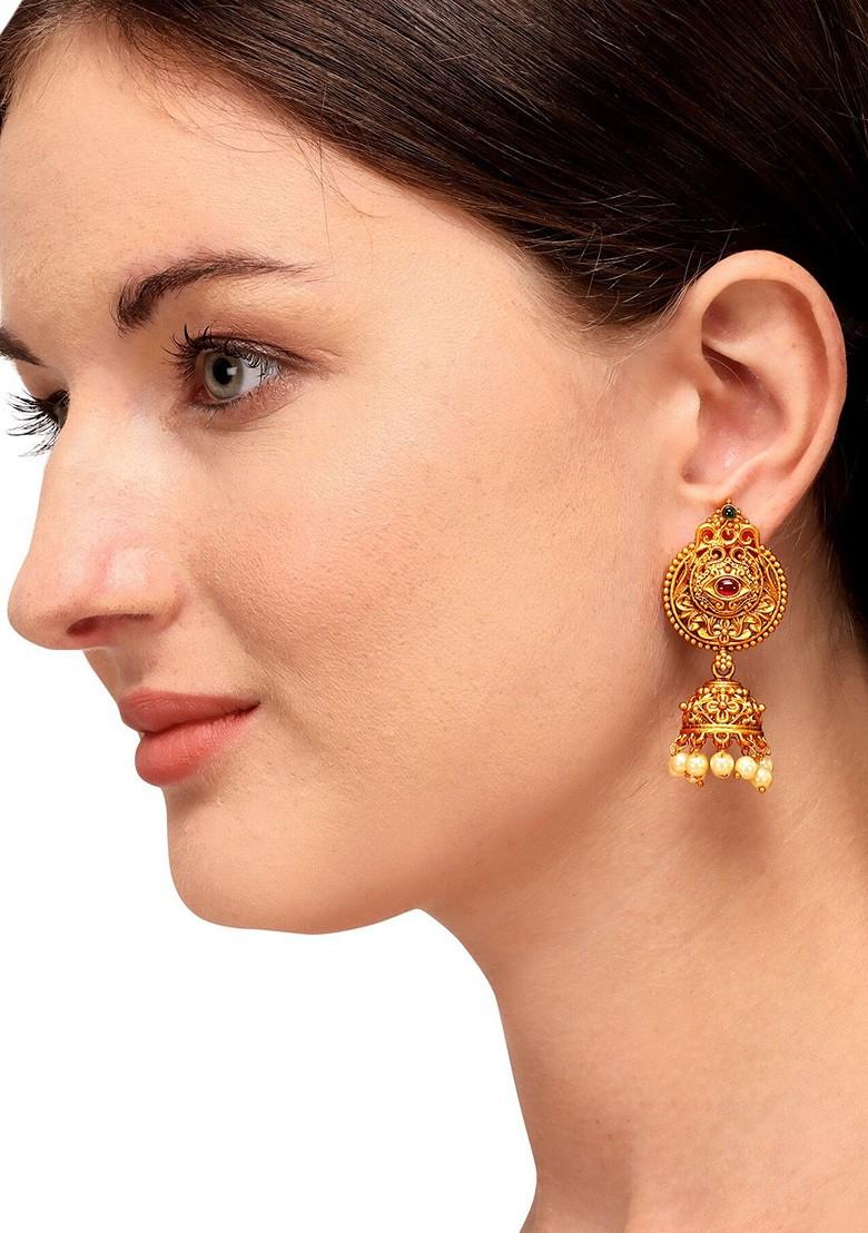 Gold Plated Red Dome Shaped Jhumkas Earrings