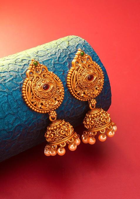 Gold Plated Red Dome Shaped Jhumkas Earrings