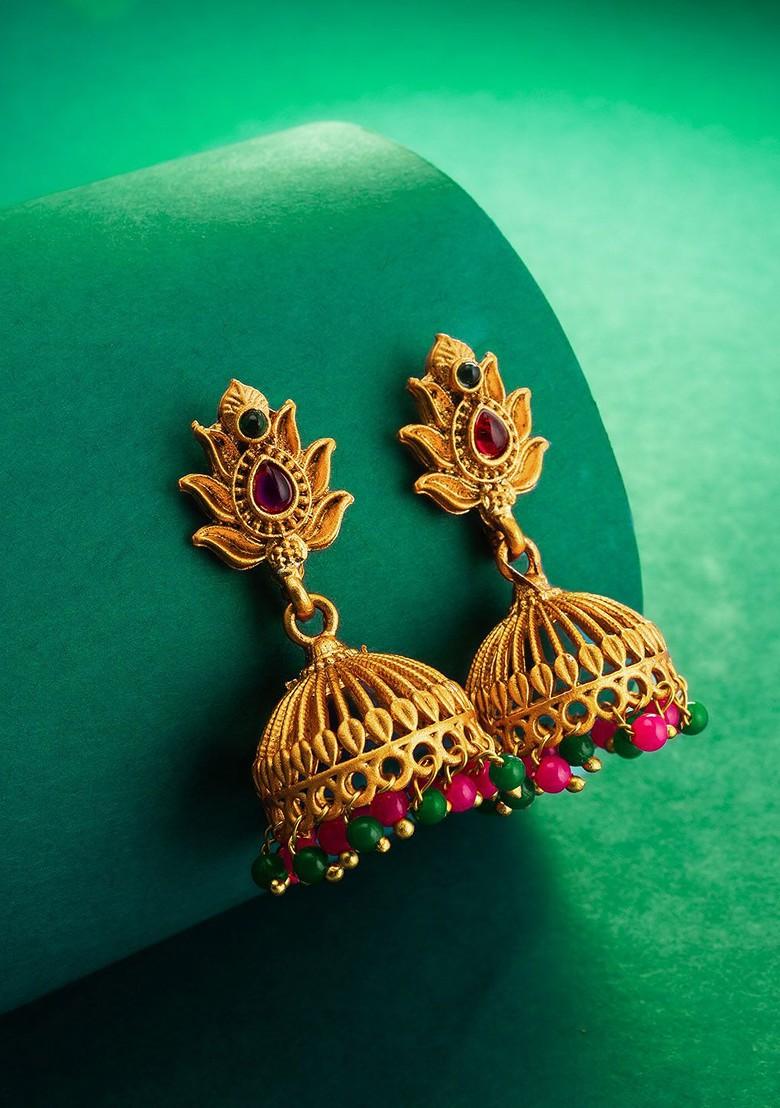 Gold Plated Stone Studded And Beaded Dome Shaped Jhumkas
