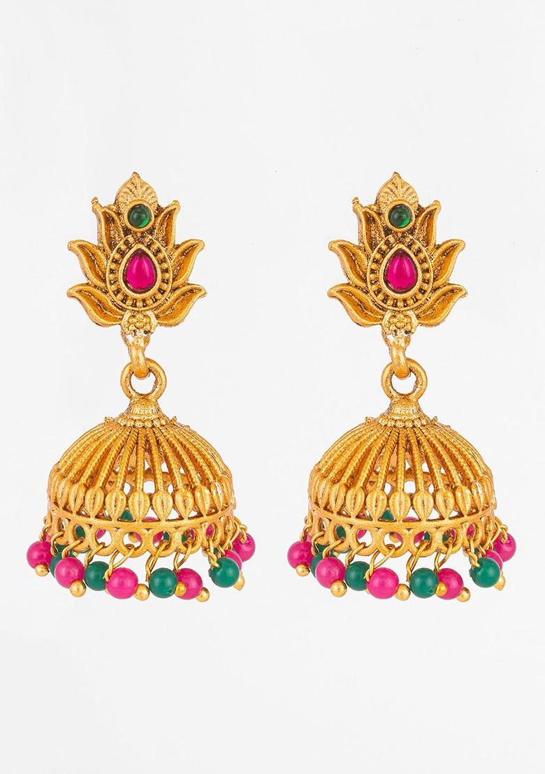 Gold Plated Stone Studded And Beaded Dome Shaped Jhumkas