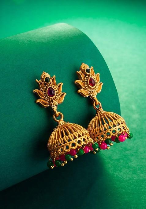Gold Plated Stone Studded And Beaded Dome Shaped Jhumkas
