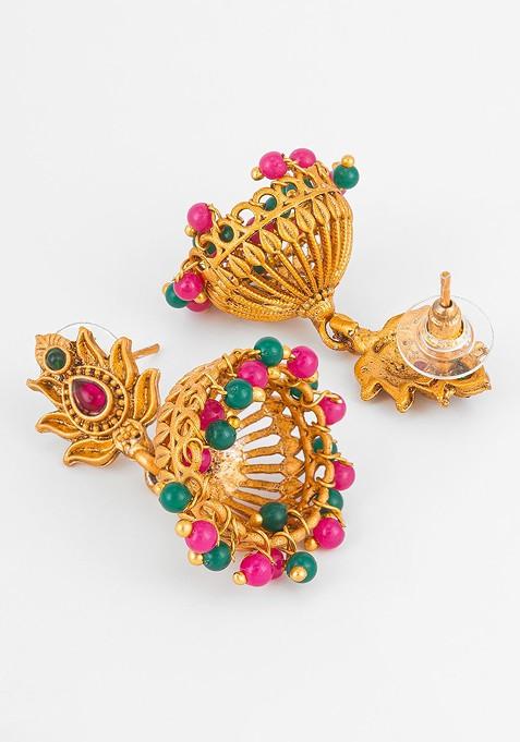 Gold Plated Stone Studded And Beaded Dome Shaped Jhumkas