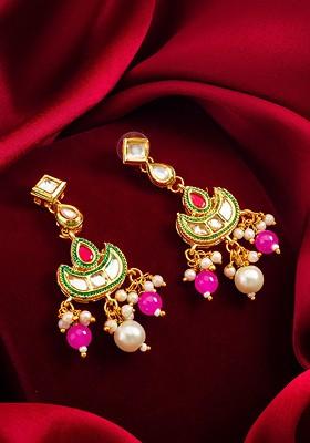 Gold Plated Classic Kundan And Ad Studded Drop Earrings
