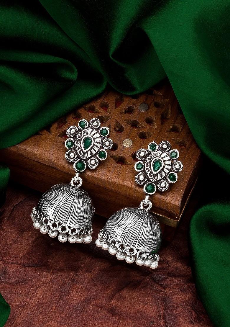Silver Silver Toned Geometric Jhumkas Earrings