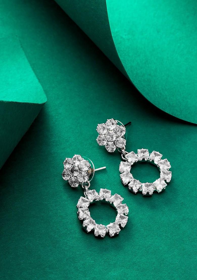 Silver Plated Geometric Stone Studded Drop Earrings