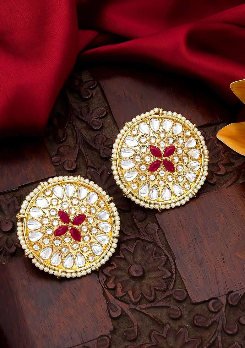 Women Gold Toned Pearl Drop Circular Studs Earrings - Indya